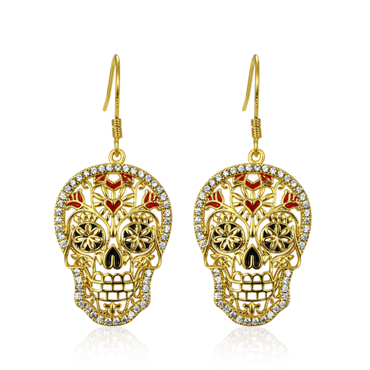 Skull Dangle Earrings 18k Gold Plated 925 Sterling Silver_1