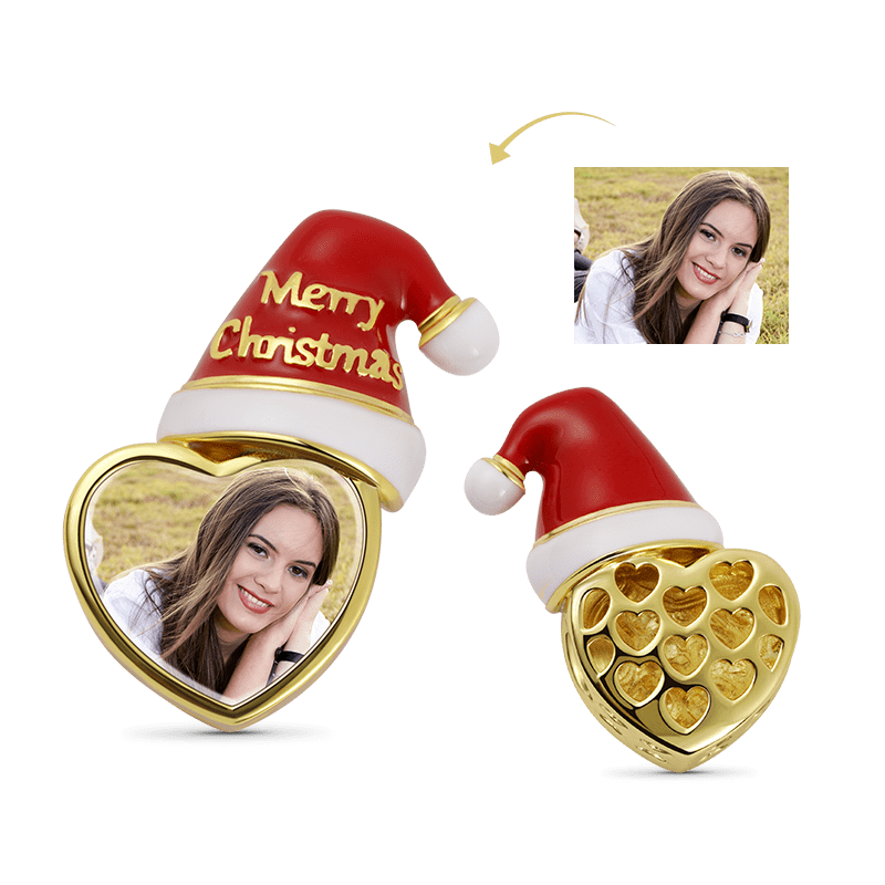 Christmas Hat with Heart-shaped Personalized Photo Charm Bead 925 Sterling Silver 18k Gold Plated_1